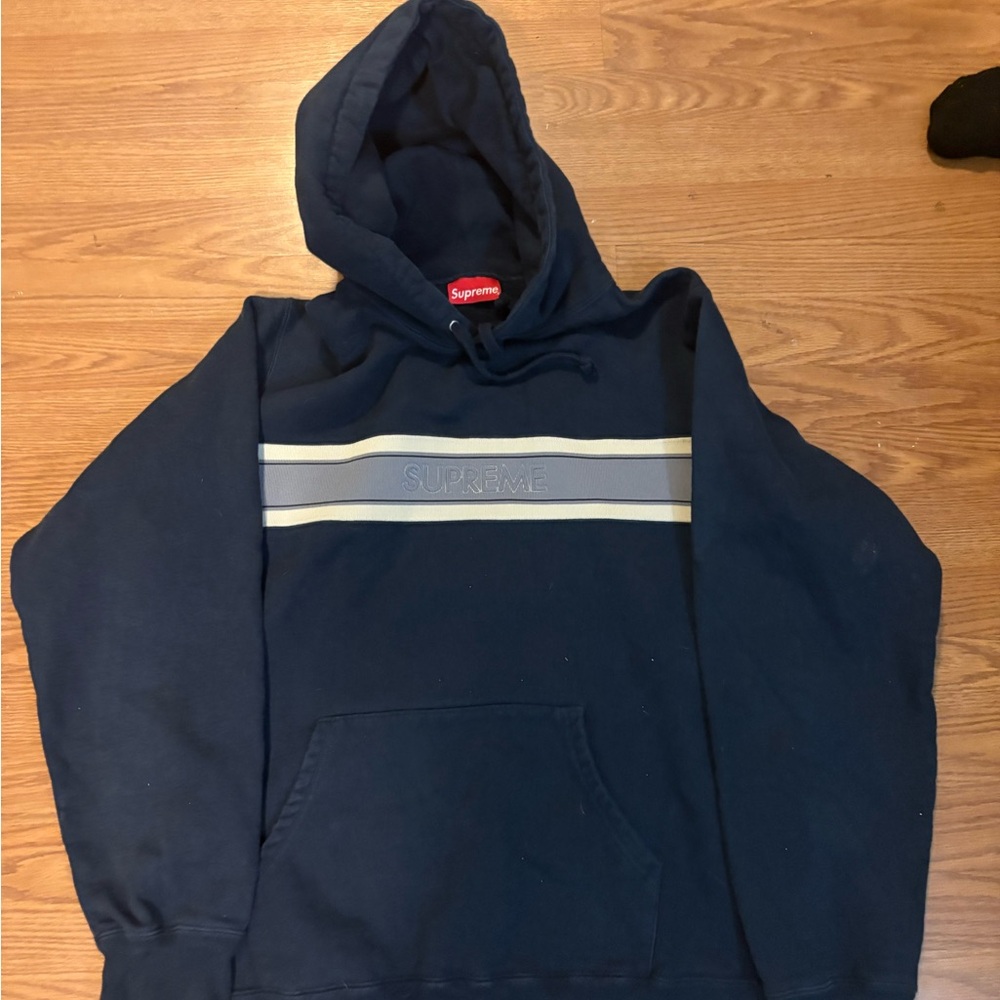 Supreme Dark Blue Hoodie with Gray Stripes